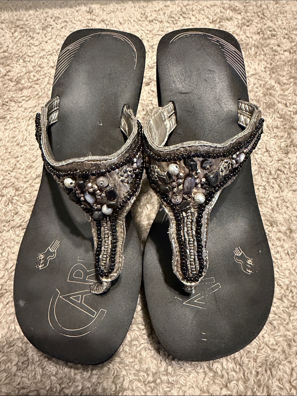Carlos “tribal” women’s Beaded silver and Black T-strap Sandals